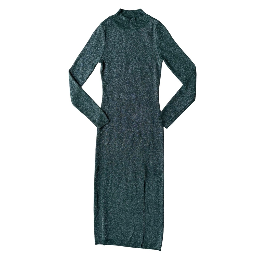 Womens Green Metallic Sparkly Mock Neck Long Sleeve Slit Midi Dress XS